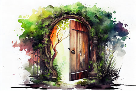 Creative background. Old wooden door, blue color, in the box. Generative Aiの素材