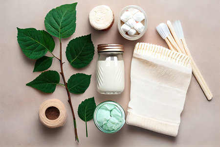 Plastic free set with cotton bag, wooden spoon, brush. Generative Aiの素材