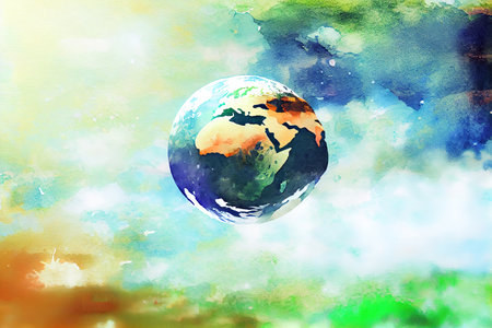 Defocus hand holding trash planet over yellow background. Save the Earth from garbage. Generative Aiの素材