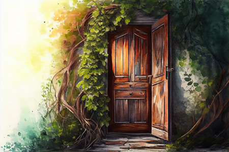 Found new world with green environment from open wooden door against cityscape. Generative Aiの素材