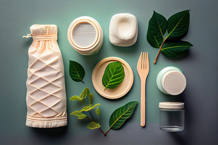 Top View of Plastic Free Set with Cotton Bag, Glass Jar, Green Leaves and Recycled Tableware. Generative Aiの素材