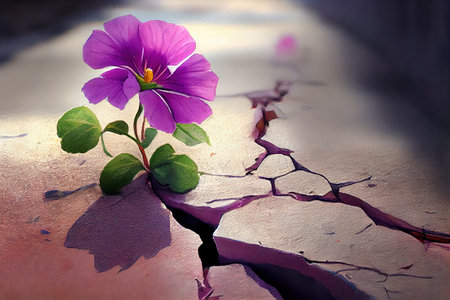 A purple flower grows through a gap in the concrete. Generative Aiの素材
