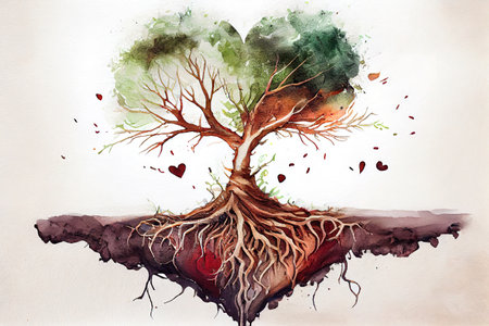 tree of love concept roots heart shape, watercolor oil painting effect. Generative Aiの素材