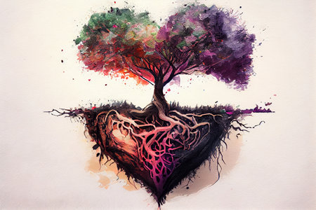 Tree with red heart and roots in the form of heart. Generative Aiの素材