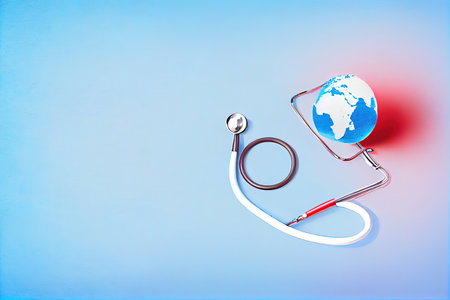 heart worldwide Red Stethoscope on bright pastel blue background. Generative Aiの素材