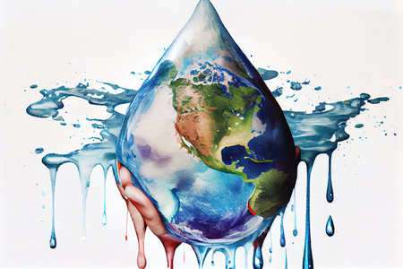 Two Hand Wait for the world in water droplet shape on Abstract pastel forest blurred. Generative Aiの素材