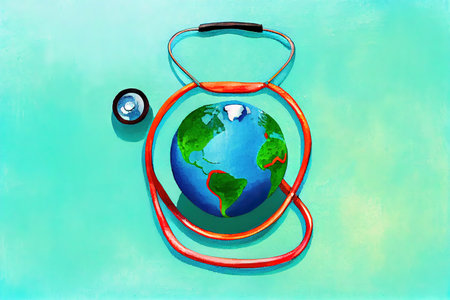 Red Stethoscope on bright pastel blue background. Generative Aiの素材