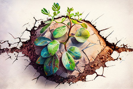 A green plant growing in a broken glass in the middle of a desert. Generative Aiの素材