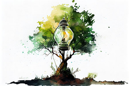 Tree grows in light bulbs, energy-saving and environmental concepts on Earth Day. Generative Aiの素材