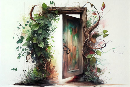 Found new world with green environment from open wooden door against cityscape. Generative Aiの素材