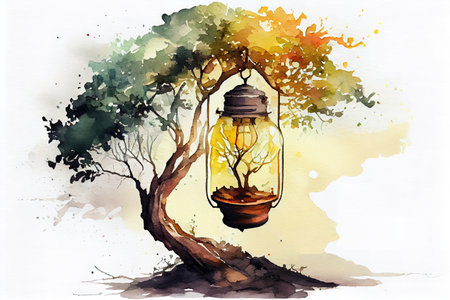 Lamp With Tree - Ecology Energy Development Concept, watercolor oil painting effect. Generative Aiの素材