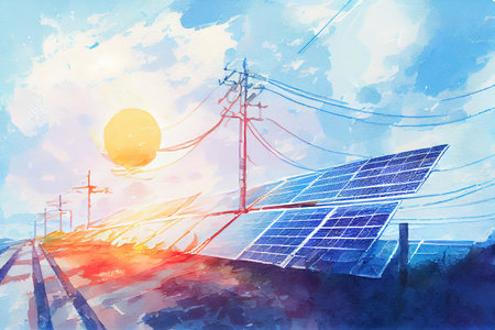 Solar panel with blue sky and sunset. power in nature, watercolor oil painting effect. Generative Aiの素材