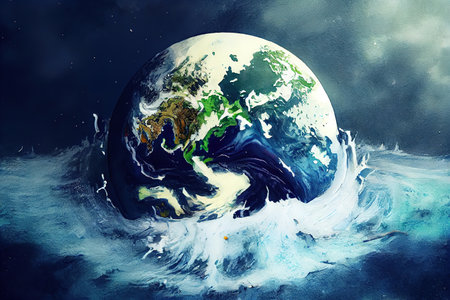 Earth flooded during a sea storm, watercolor oil painting effect. Generative Aiの素材