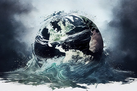 Earth flooded during a sea storm, watercolor oil painting effect. Generative Aiの素材