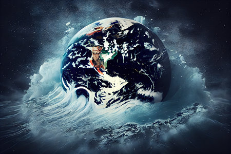 City destroyed by tsunami ocean wave. Generative Aiの素材