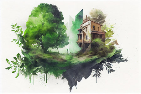 Ecology and green environment concept, watercolor oil painting effect. Generative Aiの素材