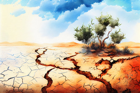 Macro photo of cracked dry soil and newly growng plant. Generative Aiの素材