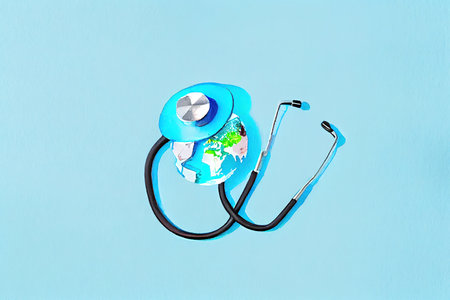 Medical stethoscope in a festive cap on light blue background.Generative Aiの素材