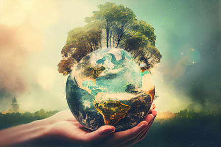 hands holding earth globe and tree over blurred nature background. Generative Aiの素材
