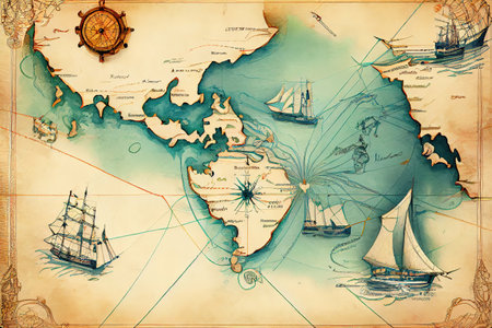 image of ancient nautical chart of sea routes of medieval ships. Generative Aiの素材