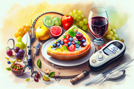 Patient's blood sugar control record with diabetic measuring tool kit, watercolor oil painting effect. Generative Aiの素材