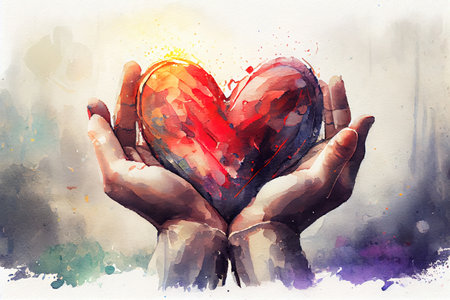The hands of women and men are the heart shape with the sun light passing through the hands. Generative Aiの素材