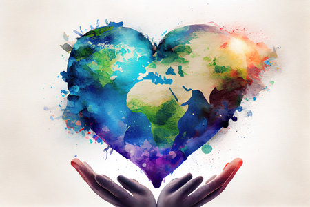 Earth conservation concept. human hand heart protect the earth nature blur background. Generative Aiの素材