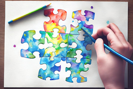 Top view hands of a autistic child arranging color puzzle symbol of awareness for autism spectrum disorder. Generative Aiの素材