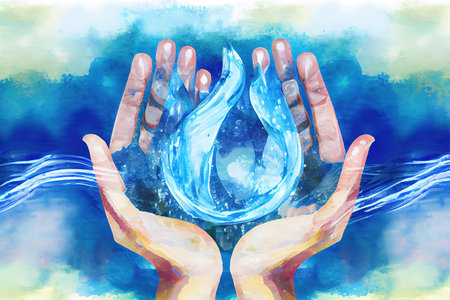 Saving water clean natural environment ocean campaign concept with collaborative woman's hands in droplet shape on blurred wavy clean water background. Generative Aiの素材