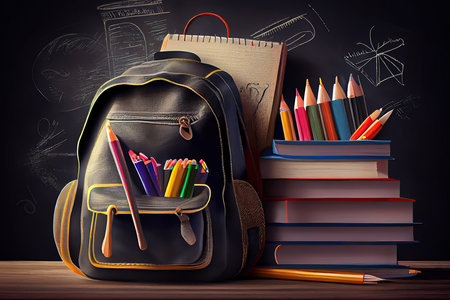 Back to school concept with school books, textbooks, backpack and stationery supplies on classroom desk with teacher's black chalkboard background. Generative Aiの素材