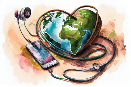 Smartphone on earth with stethoscope on a heart. Generative Aiの素材