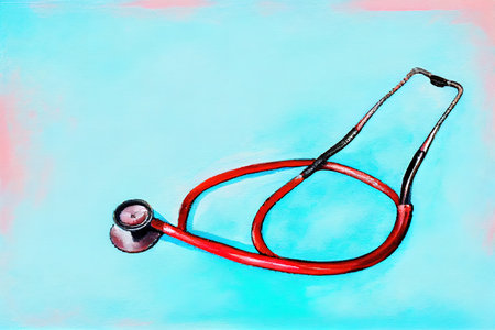 Red stethoscope on bright pastel blue, watercolor oil painting effect. Generative Aiの素材