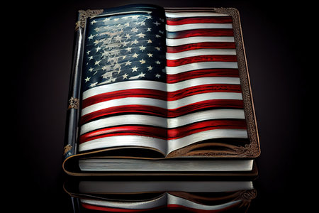 American flag and holy bible book on a mirror background. Generative Aiの素材