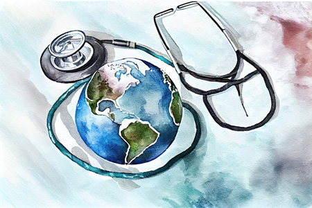 High angle of globe with stethoscope for peace day, watercolor oil painting effect. Generative Aiの素材