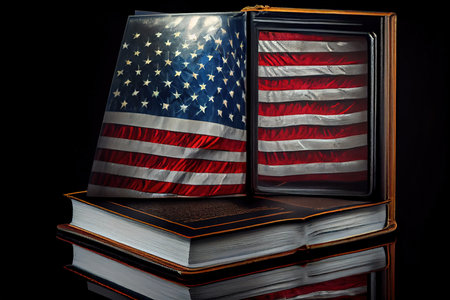 American flag and holy bible book on a mirror background. Generative Aiの素材