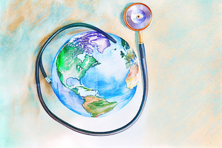 Top view of earth globe in frame with stethoscope. Generative Aiの素材