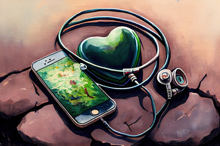 Smartphone on earth with stethoscope on a heart, watercolor oil painting effect. Generative Aiの素材