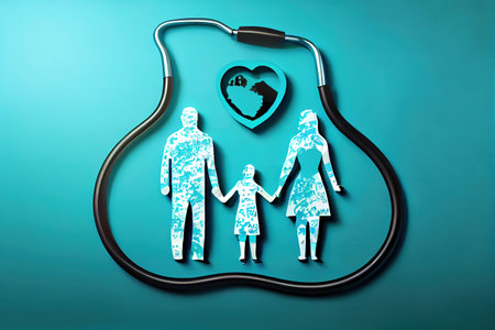 Top view of medical stethoscope and icon silhouette family on cyan background. Generative Aiの素材