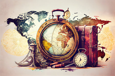 Old yellow map, glasses, coins, leather case, camera, watch, coffee beans and other spices lie on wooden floor. Generative Aiの素材