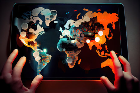 Abstract graphic digital world map with connections and finger presses on a digital tablet on background. Generative Aiの素材