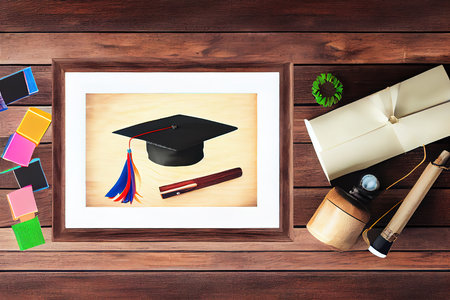 Flat lay accessories cap with certificate paper & book on modern rustic brown wooden. Generative Aiの素材