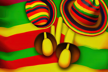 mexican blanket stripes or poncho serape and hat on yellow background, Oil painting effect. Generative Aiの素材