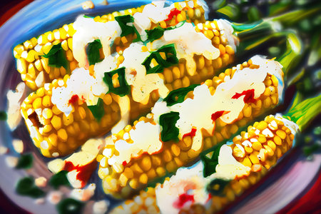 Mexican street corn, elote with cotija cheese, fresh cilantro and chili, Oil painting. Generative Aiの素材
