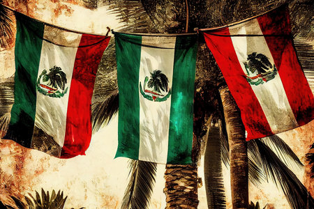 Colorful Mexican flag decorations hanging from palm trees, Oil painting effect. Generative Aiの素材