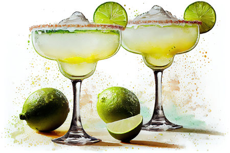 Tall double margarita cocktail with salt and lime garnish isolated. Generative Aiの素材