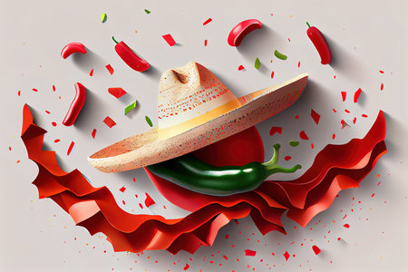 Cinco de Mayo. Red pepper in the shadow of a sombrero. Confetti. illustration. Generative Aiの素材