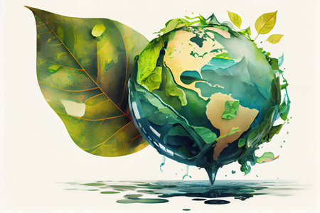 Globe Balancing between a Green leaf and CO2. Generative Aiの素材