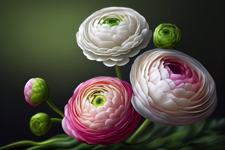 Pink and white ranunculus flowers. Generative Aiの素材