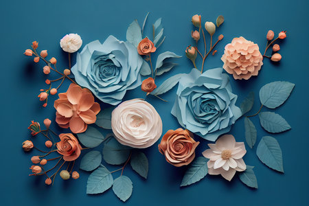 Flowers composition. Rose flowers on blue background. mothers day. Generative Aiの素材