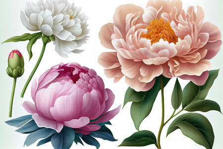 Set of beautiful peony flowers on white background. Generative Aiの素材